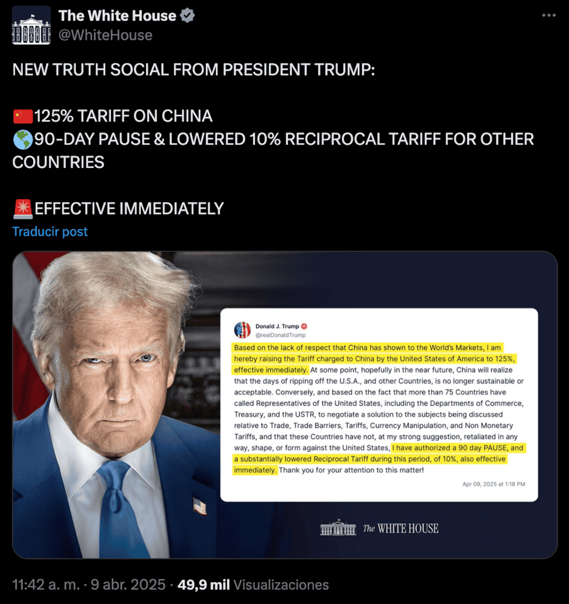 Trump pausa aranceles por 90 días a países que no reviraron y los sube ...